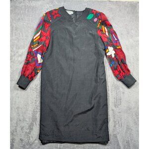Anne Crimmins Vintage Dress Women Sz 10 Black Midi Silk Shoulder Pads Artsy